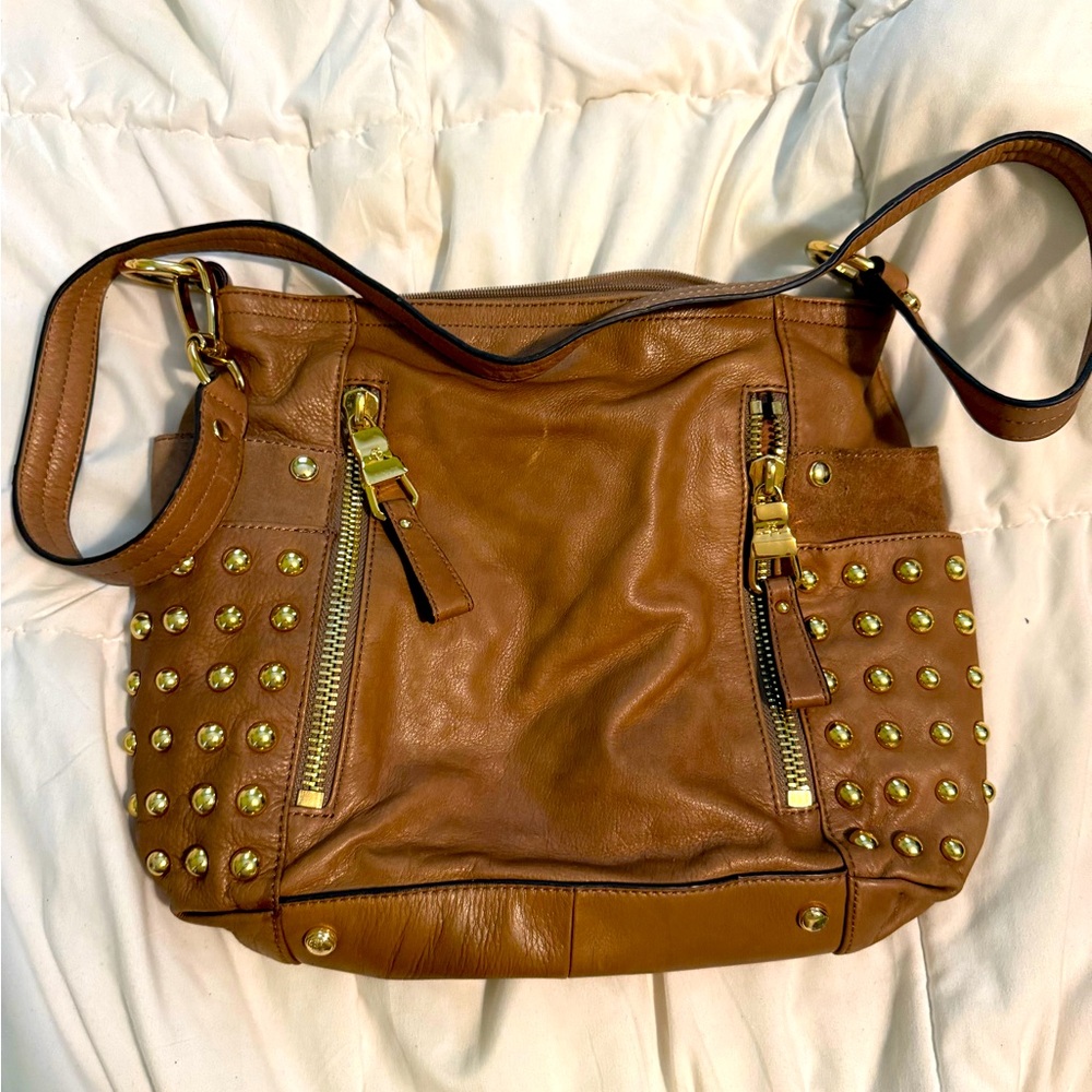 B Makowsky thick mahogany leather bag with heavy rose gold hardware